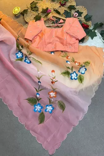 Soft padding handpaint with handwork cut dana work saree with blouse