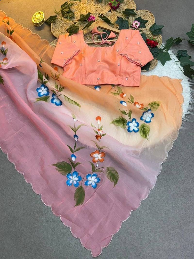 Soft padding handpaint with handwork cut dana work saree with blouse