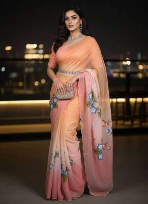 peach & pink handpainted cut dana saree 2