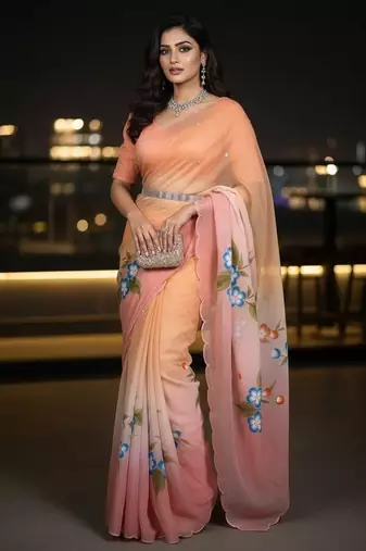peach & pink handpainted cut dana saree