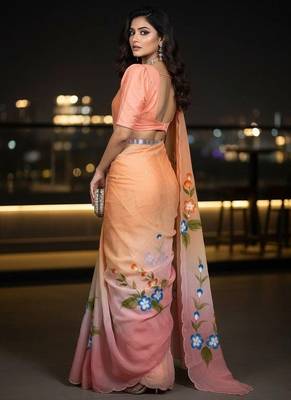 peach & pink handpainted cut dana saree 3