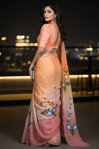 peach & pink handpainted cut dana saree