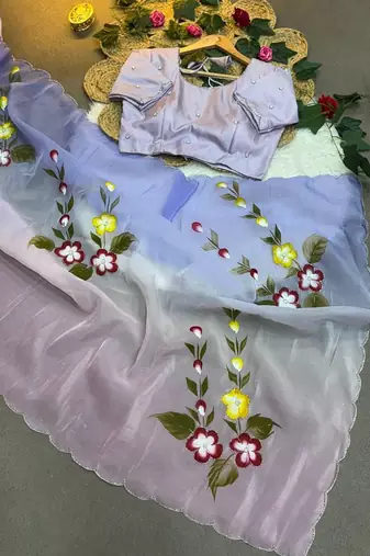 Soft padding handpaint with handwork cut dana work saree with blouse