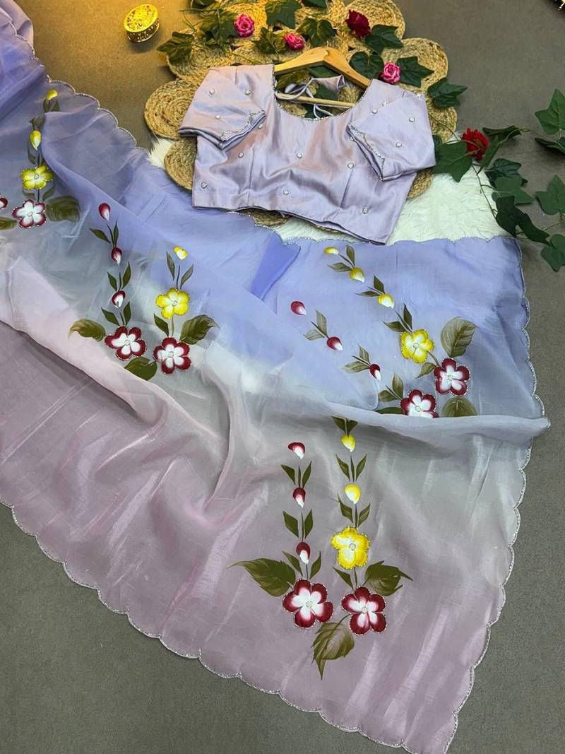 Soft padding handpaint with handwork cut dana work saree with blouse