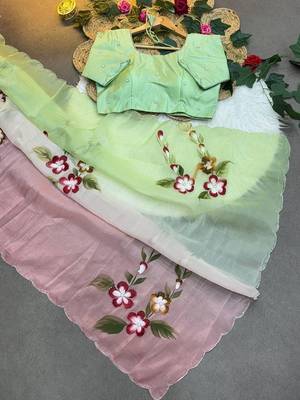 pastel green & pink handpainted cut dana saree 1