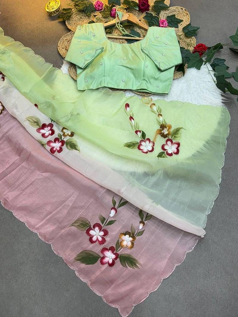 Soft padding handpaint with handwork cut dana work saree with blouse