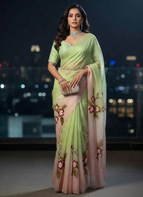 pastel green & pink handpainted cut dana saree 2
