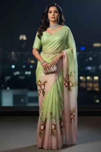 pastel green & pink handpainted cut dana saree