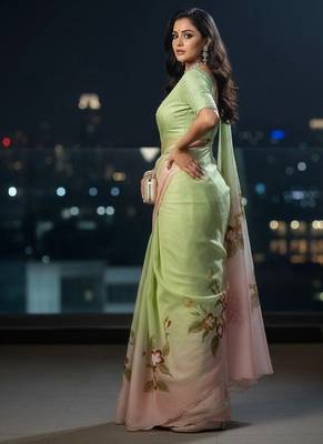 pastel green & pink handpainted cut dana saree 3