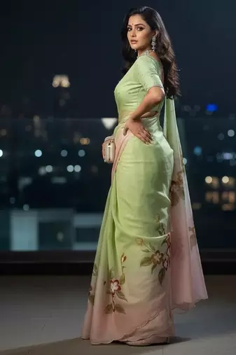 pastel green & pink handpainted cut dana saree