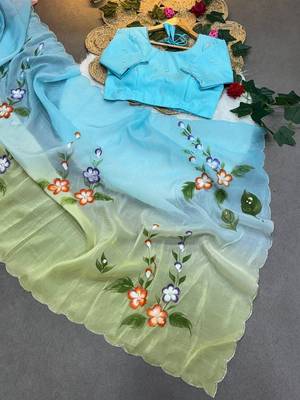 handpainted cut dana work soft saree with blouse 1