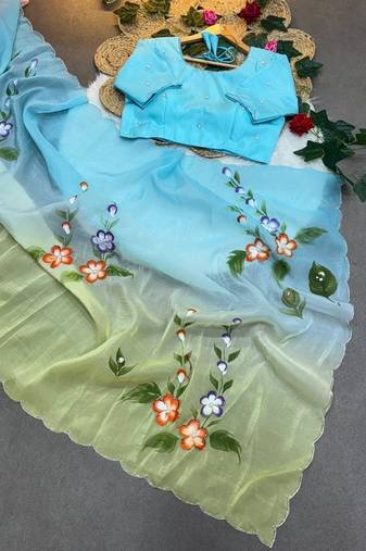 Soft padding handpaint with handwork cut dana work saree with blouse