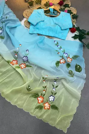 Soft padding handpaint with handwork cut dana work saree with blouse