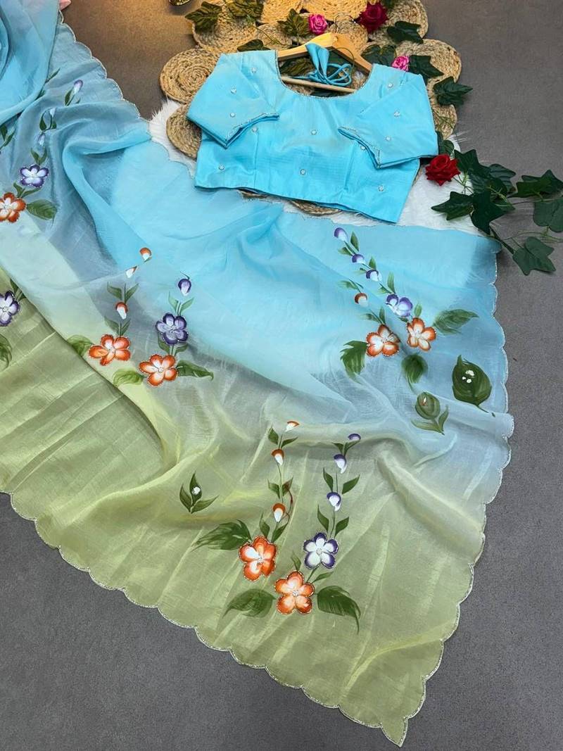 Soft padding handpaint with handwork cut dana work saree with blouse