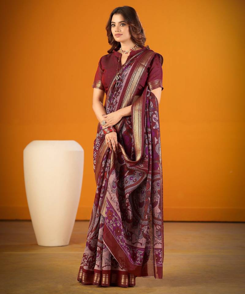 Dark Maroon color  Printed With Zari Weaving Polyester Viscose Chanderi  Saree