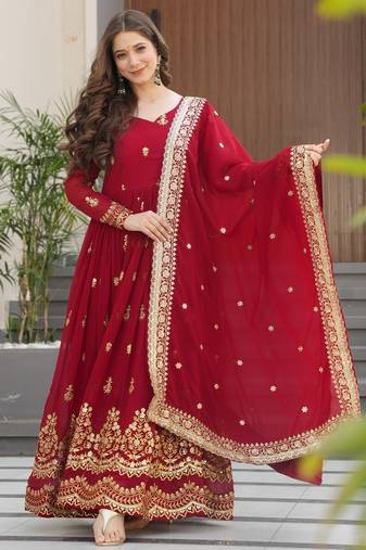 Maroon faux blooming embroidered designer anarkali gown with dupatta