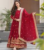 Maroon faux blooming embroidered designer anarkali gown with dupatta