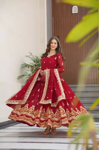 Maroon faux blooming embroidered designer anarkali gown with dupatta