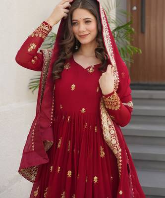 Maroon faux blooming embroidered designer anarkali gown with dupatta 3
