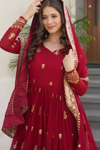 Maroon faux blooming embroidered designer anarkali gown with dupatta