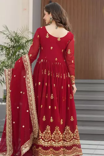 Maroon faux blooming embroidered designer anarkali gown with dupatta