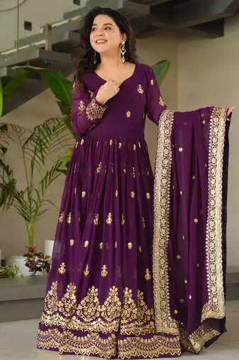 Wine faux blooming embroidered designer anarkali gown with dupatta