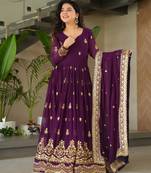 Wine faux blooming embroidered designer anarkali gown with dupatta