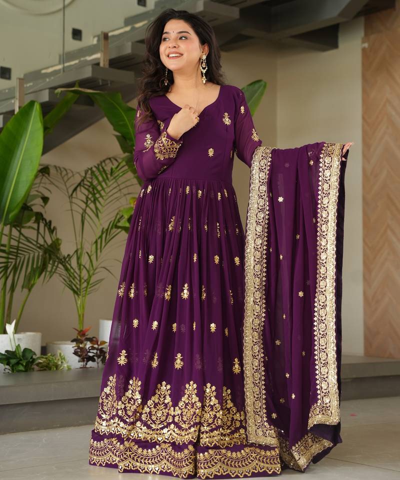 Wine faux blooming embroidered designer anarkali gown with dupatta