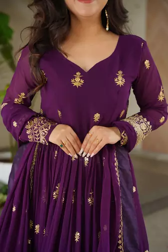 Wine faux blooming embroidered designer anarkali gown with dupatta