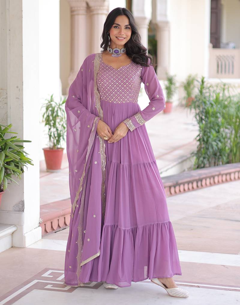Lavender faux georgette embroidered designer anarkali gown with dupatta