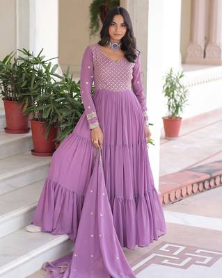 Lavender faux georgette embroidered designer anarkali gown with dupatta 2