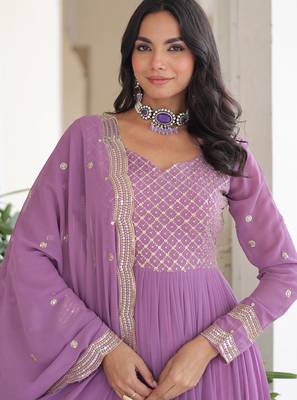 Lavender faux georgette embroidered designer anarkali gown with dupatta 4