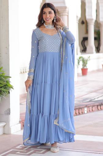 Sky blue faux georgette embroidered designer anarkali gown with dupatta