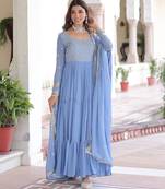 Sky blue faux georgette embroidered designer anarkali gown with dupatta