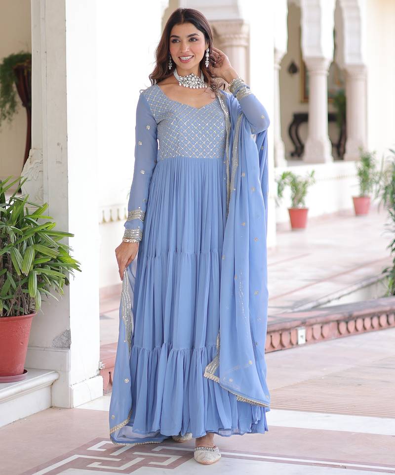 Sky blue faux georgette embroidered designer anarkali gown with dupatta