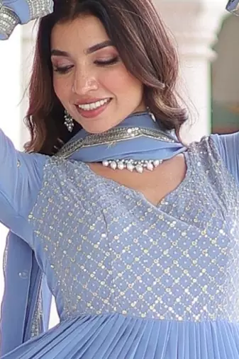 Sky blue faux georgette embroidered designer anarkali gown with dupatta