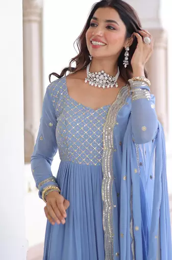 Sky blue faux georgette embroidered designer anarkali gown with dupatta