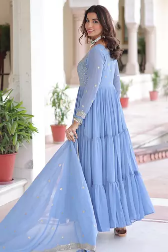Sky blue faux georgette embroidered designer anarkali gown with dupatta