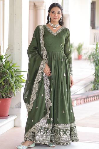 Dark green vichitra silk embroidered designer anarkali gown with dupatta