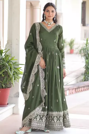 Dark green vichitra silk embroidered designer anarkali gown with dupatta