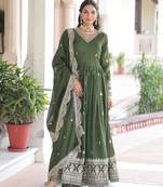 Dark green vichitra silk embroidered designer anarkali gown with dupatta