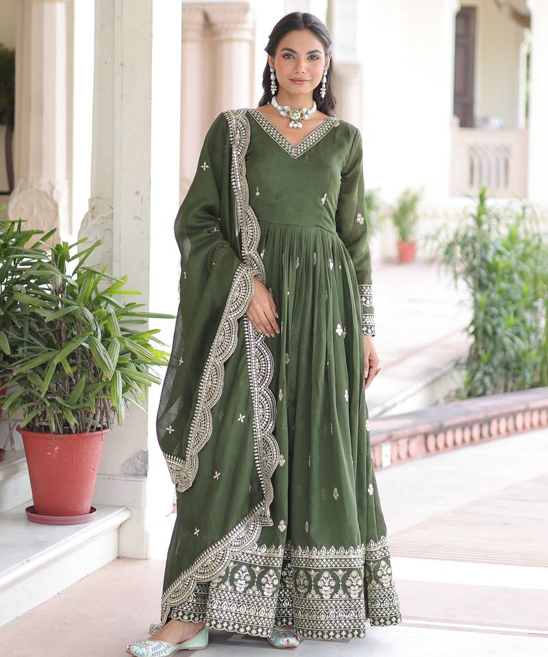 Dark green vichitra silk embroidered designer anarkali gown with dupatta