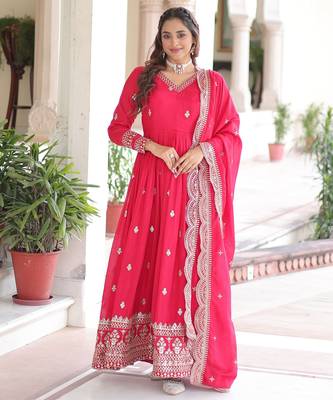 Pink vichitra silk embroidered designer anarkali gown with dupatta 1