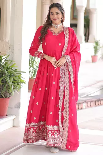 Pink vichitra silk embroidered designer anarkali gown with dupatta