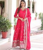 Pink vichitra silk embroidered designer anarkali gown with dupatta