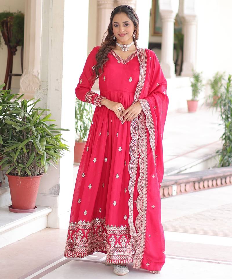 Pink vichitra silk embroidered designer anarkali gown with dupatta