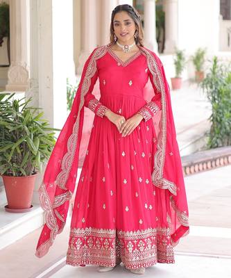 Pink vichitra silk embroidered designer anarkali gown with dupatta 2