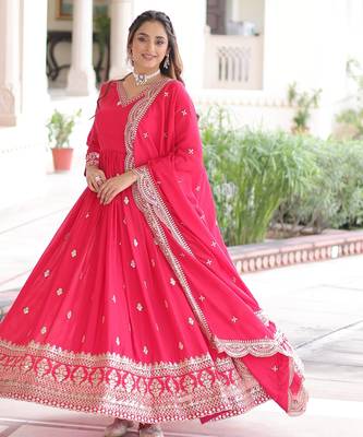 Pink vichitra silk embroidered designer anarkali gown with dupatta 3