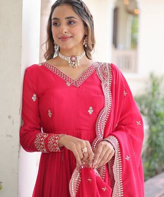 Pink vichitra silk embroidered designer anarkali gown with dupatta 4