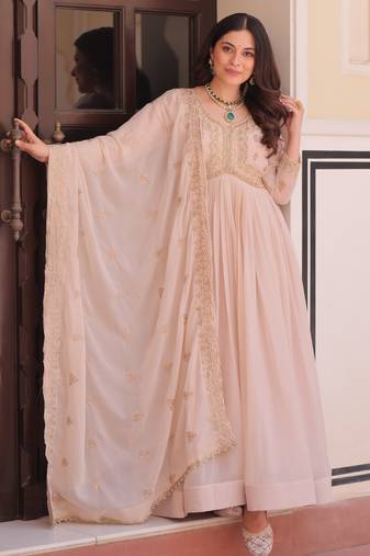 Beige star georgette embroidered designer anarkali gown with dupatta